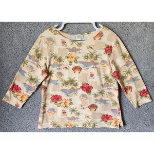 Vtg Talbots Women's 3/4 Sleeve Round Neck Tee Shirt Top Tropical Print Sz Medium
